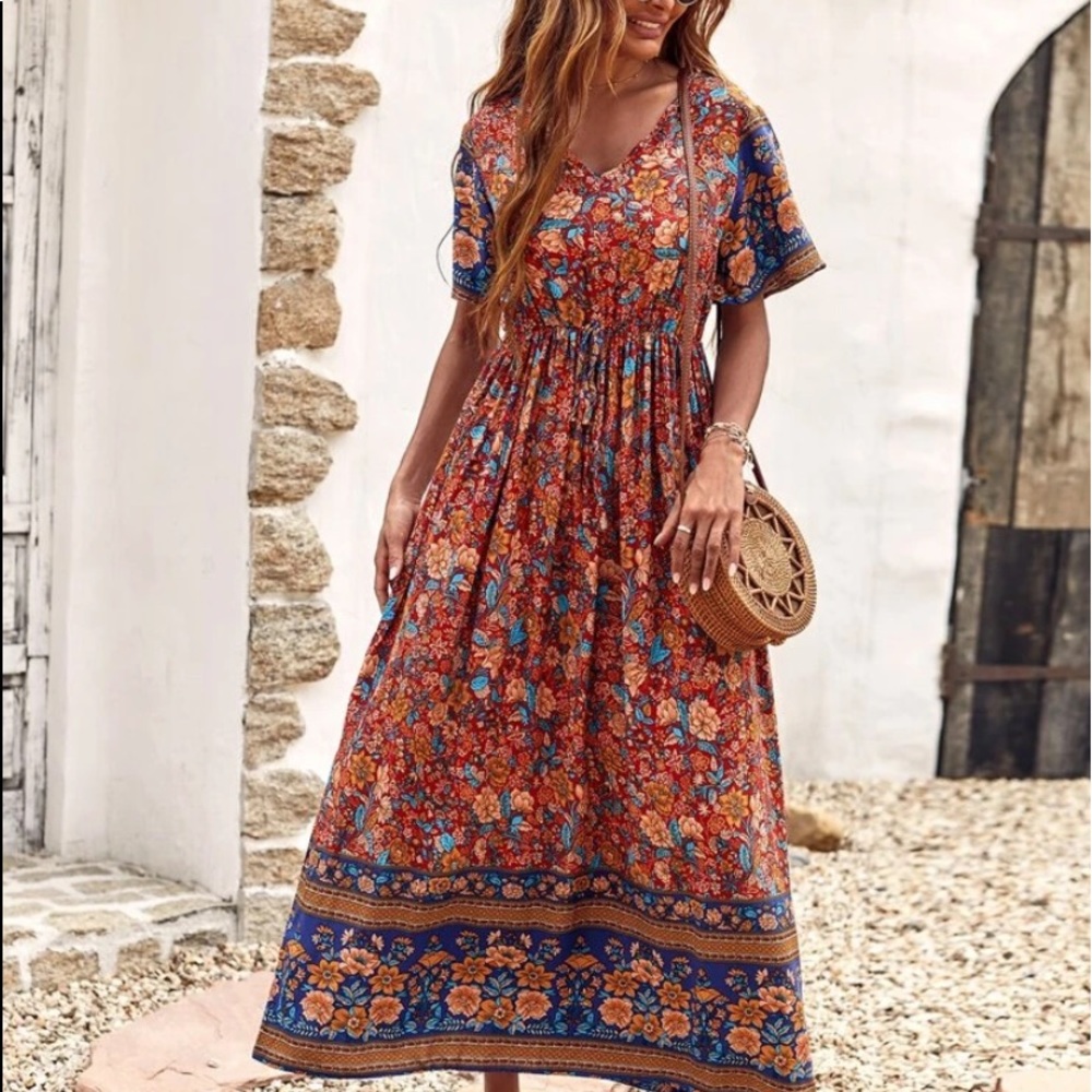 Boho floral print knot front A line dress - Picture 3 of 7